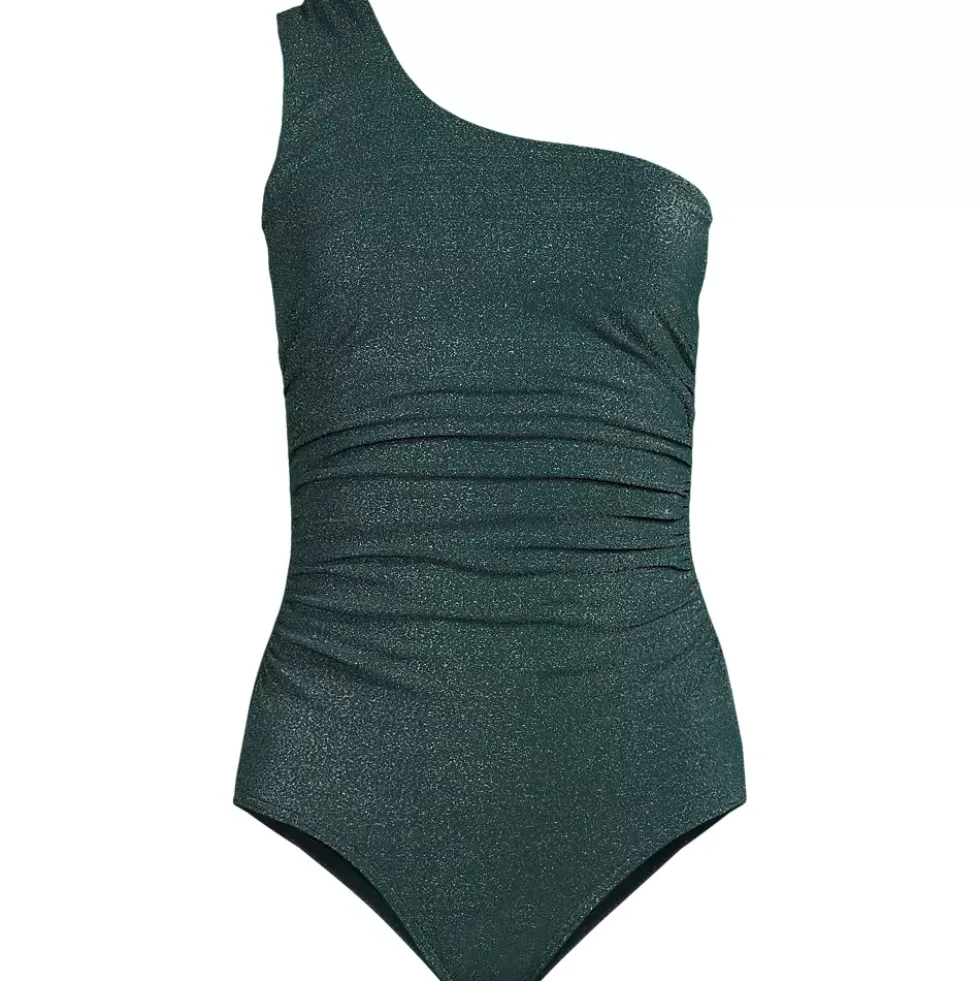 Women's Shine Shirred One Shoulder High Leg One Piece Swimsuit