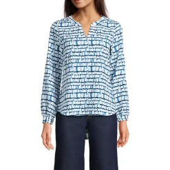 Women's Shirred Long Sleeve Split Neck Blouse