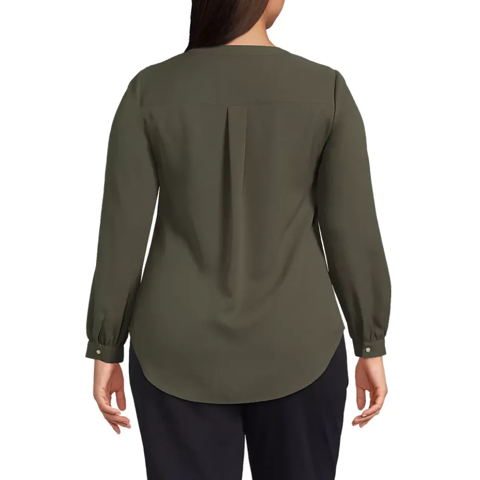 Women's Shirred Long Sleeve Split Neck Blouse
