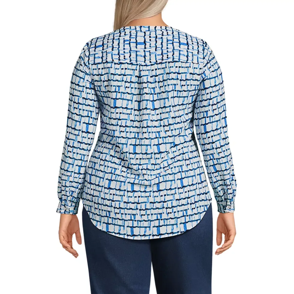 Women's Shirred Long Sleeve Split Neck Blouse