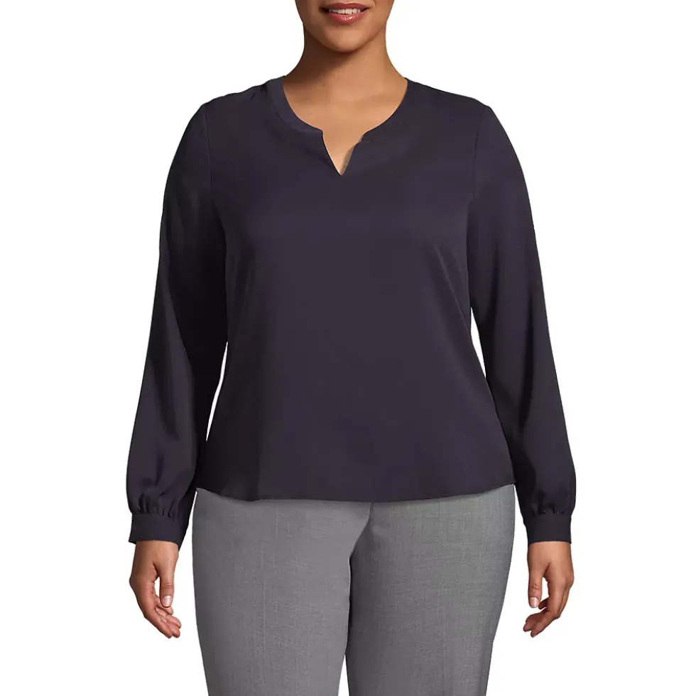Women's Shirred Long Sleeve Split Neck Blouse