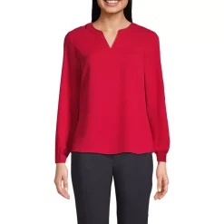 Women's Shirred Long Sleeve Split Neck Blouse