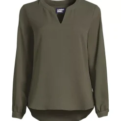 Women's Shirred Long Sleeve Split Neck Blouse