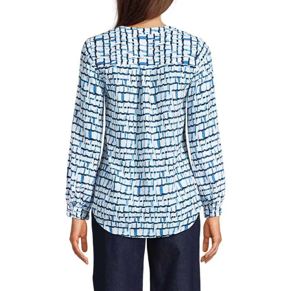 Women's Shirred Long Sleeve Split Neck Blouse