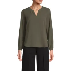 Women's Shirred Long Sleeve Split Neck Blouse