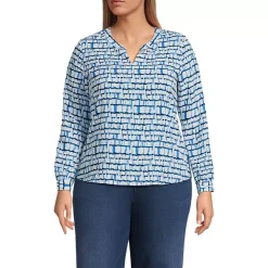 Women's Shirred Long Sleeve Split Neck Blouse