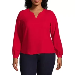 Women's Shirred Long Sleeve Split Neck Blouse
