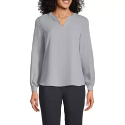 Women's Shirred Long Sleeve Split Neck Blouse