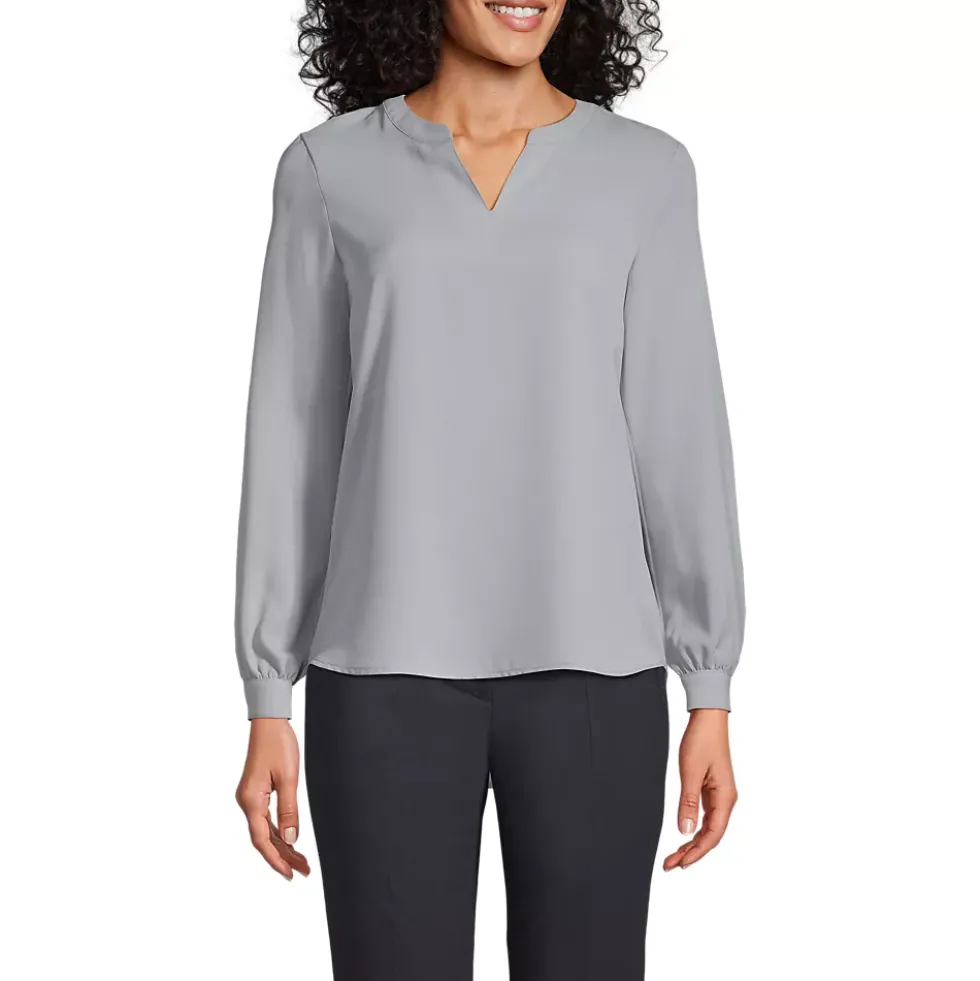 Women's Shirred Long Sleeve Split Neck Blouse