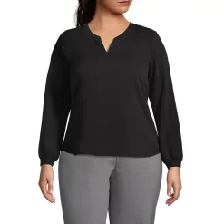 Women's Shirred Long Sleeve Split Neck Blouse