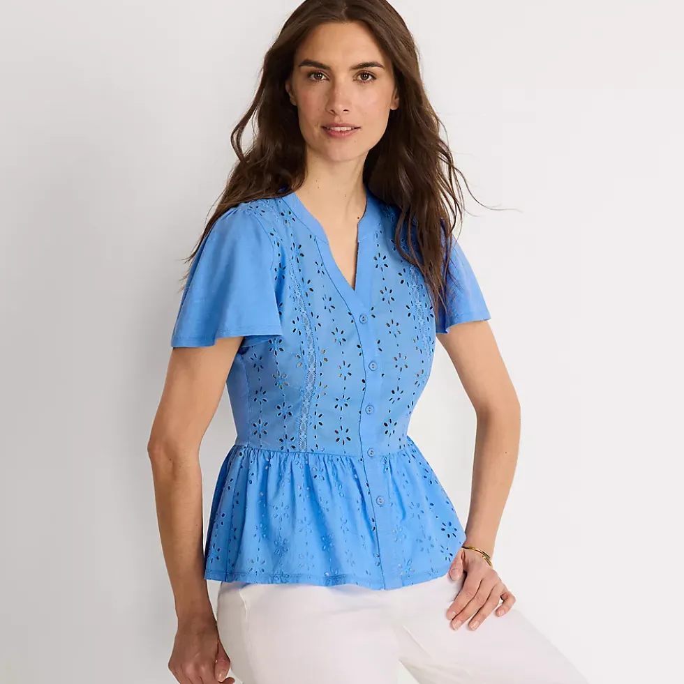 Women's Short Sleeve Mixed Media Eyelet Top