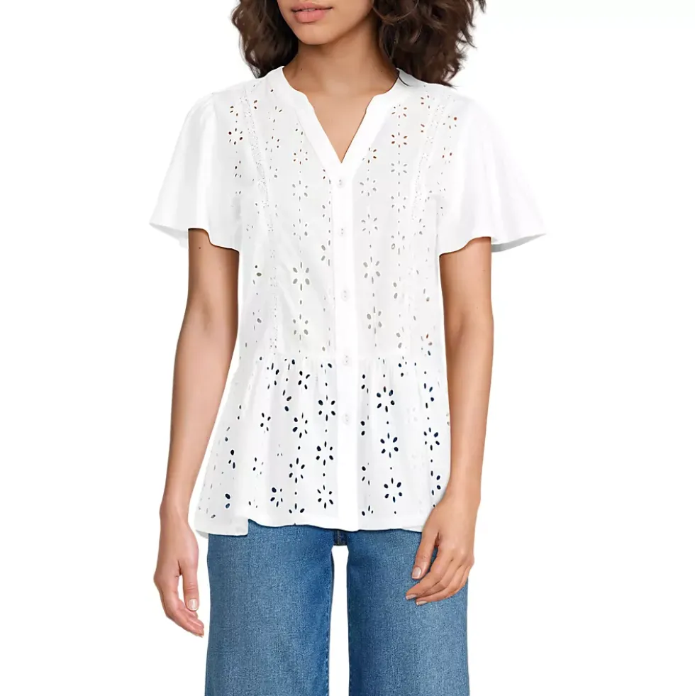 Women's Short Sleeve Mixed Media Eyelet Top