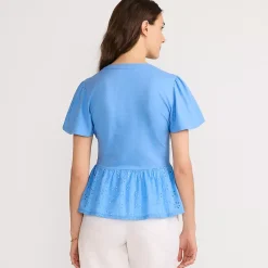 Women's Short Sleeve Mixed Media Eyelet Top