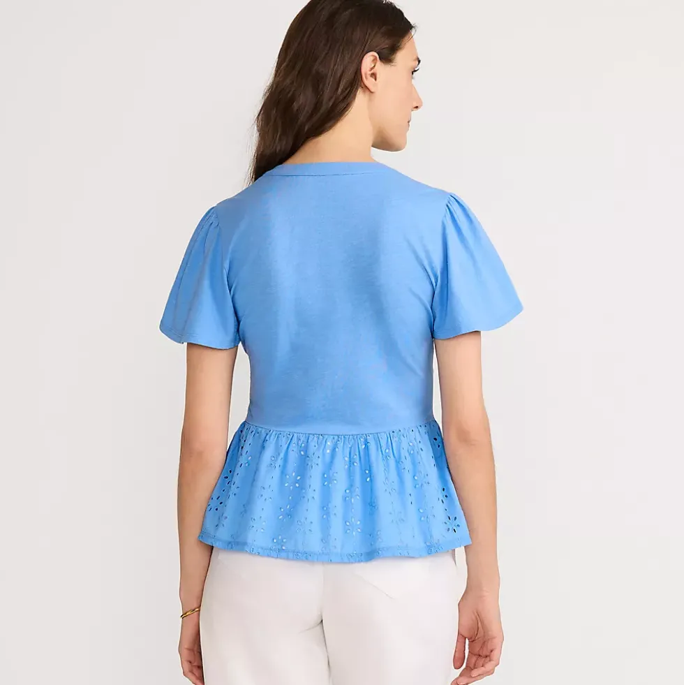 Women's Short Sleeve Mixed Media Eyelet Top