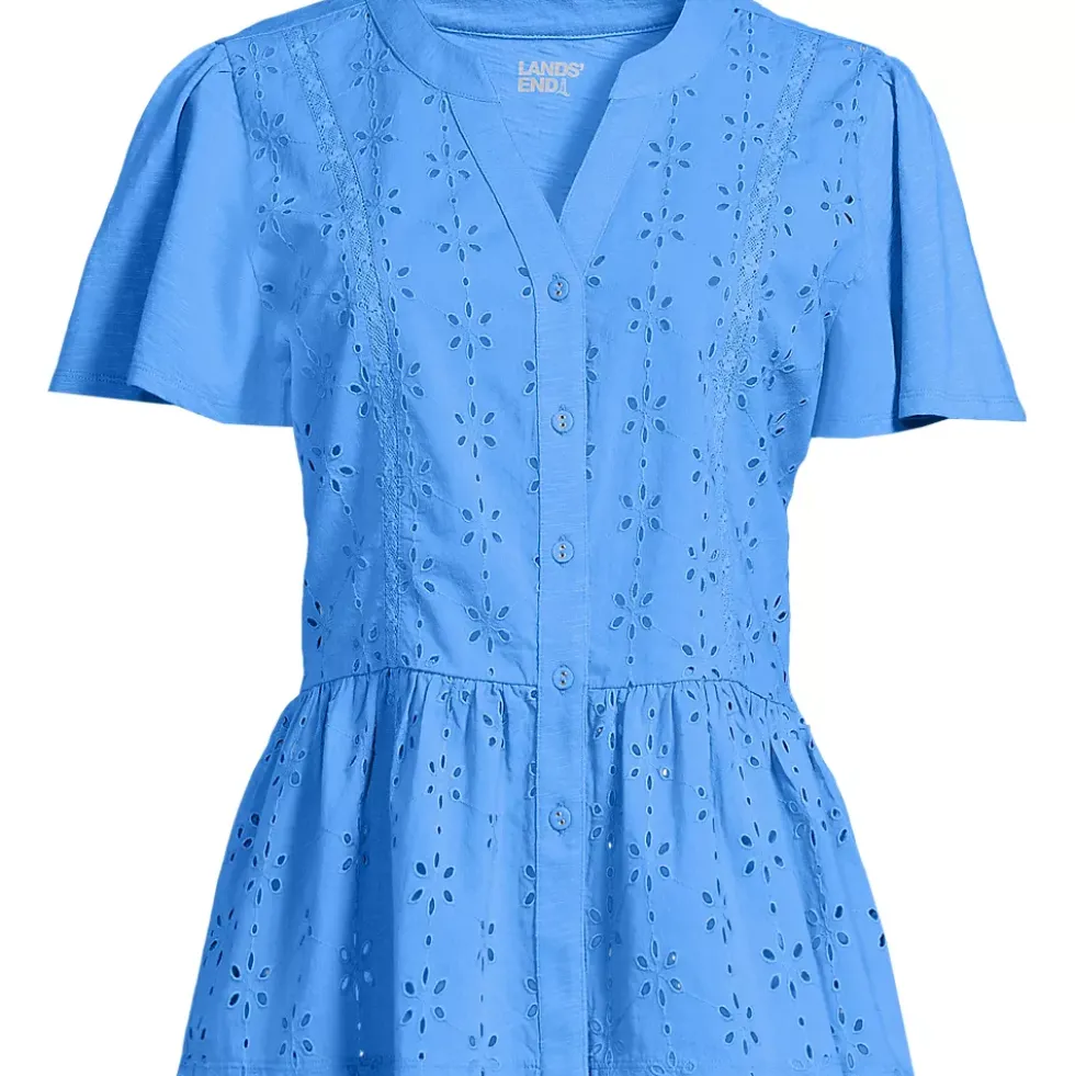 Women's Short Sleeve Mixed Media Eyelet Top