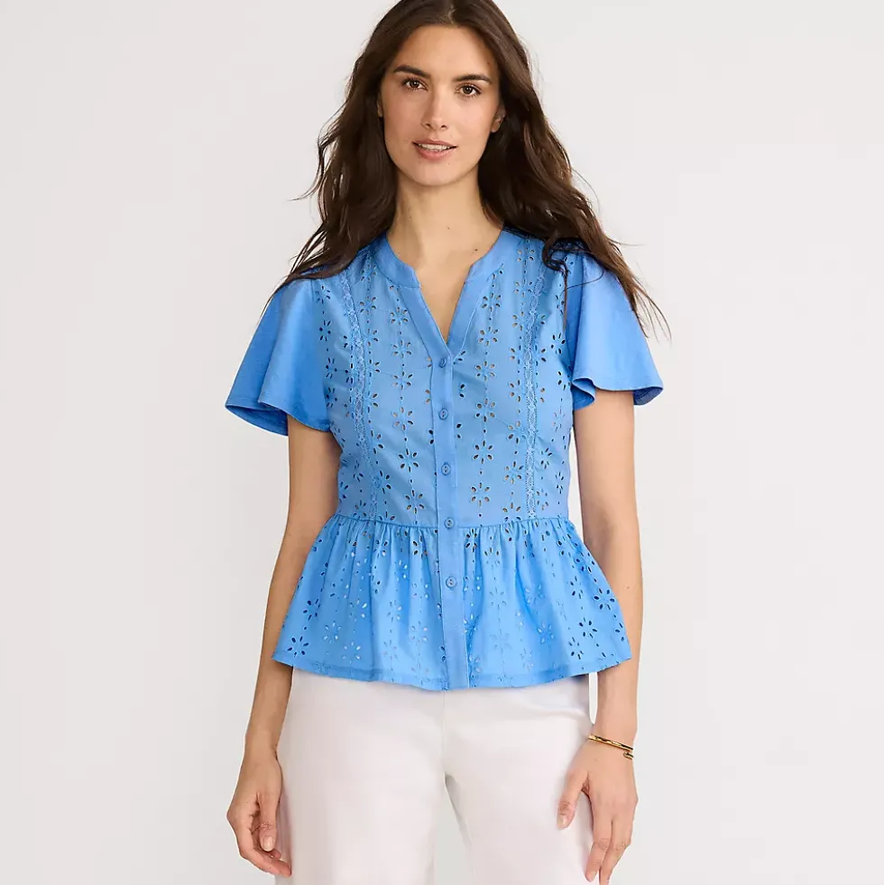 Women's Short Sleeve Mixed Media Eyelet Top