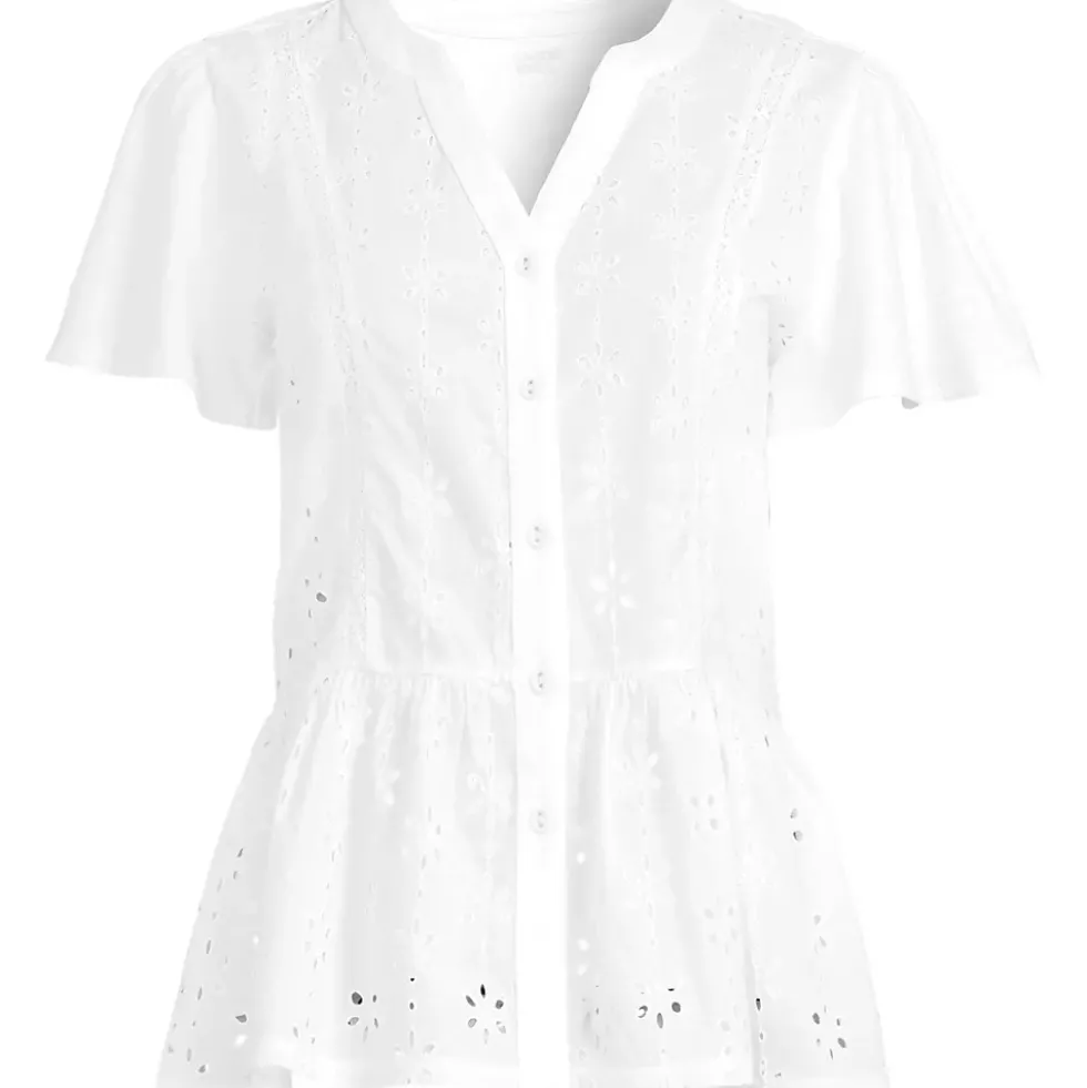 Women's Short Sleeve Mixed Media Eyelet Top