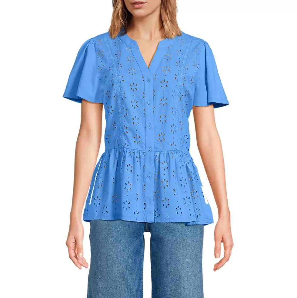 Women's Short Sleeve Mixed Media Eyelet Top