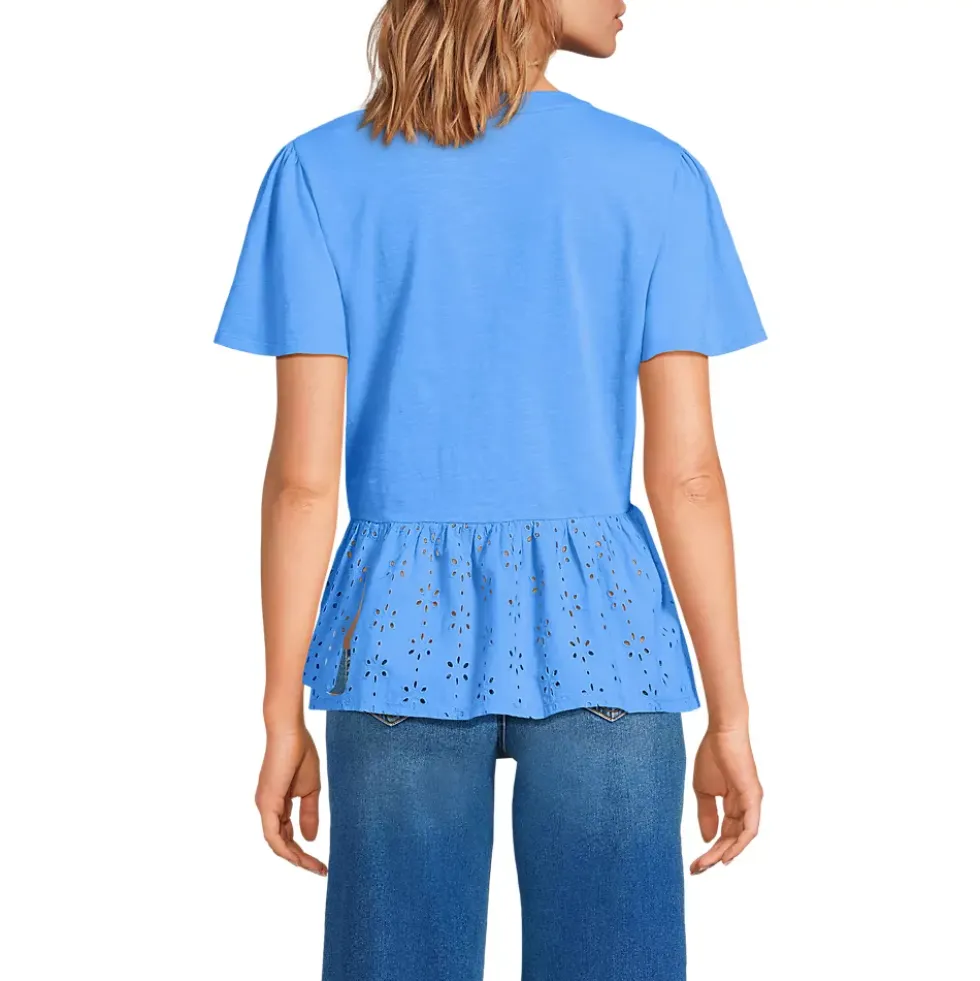 Women's Short Sleeve Mixed Media Eyelet Top