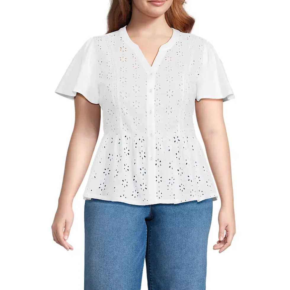 Women's Short Sleeve Mixed Media Eyelet Top