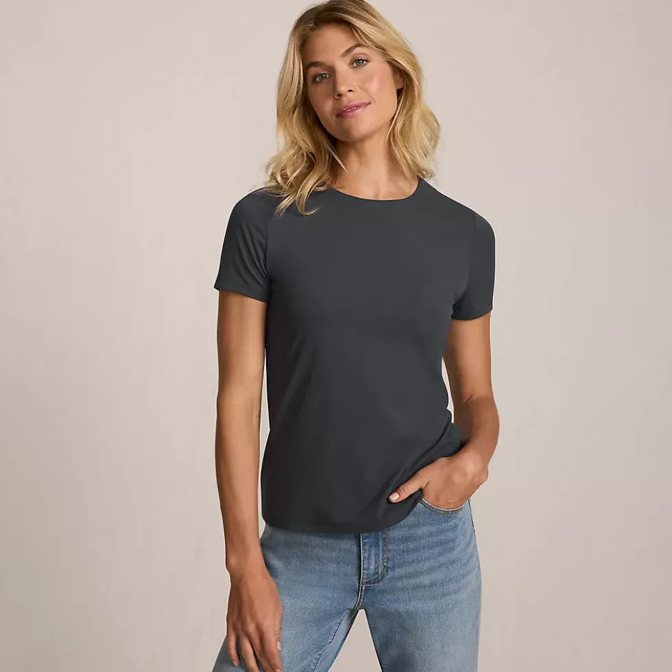 Womens Short Sleeve Tugless Double Layer Crew Neck Knit Top