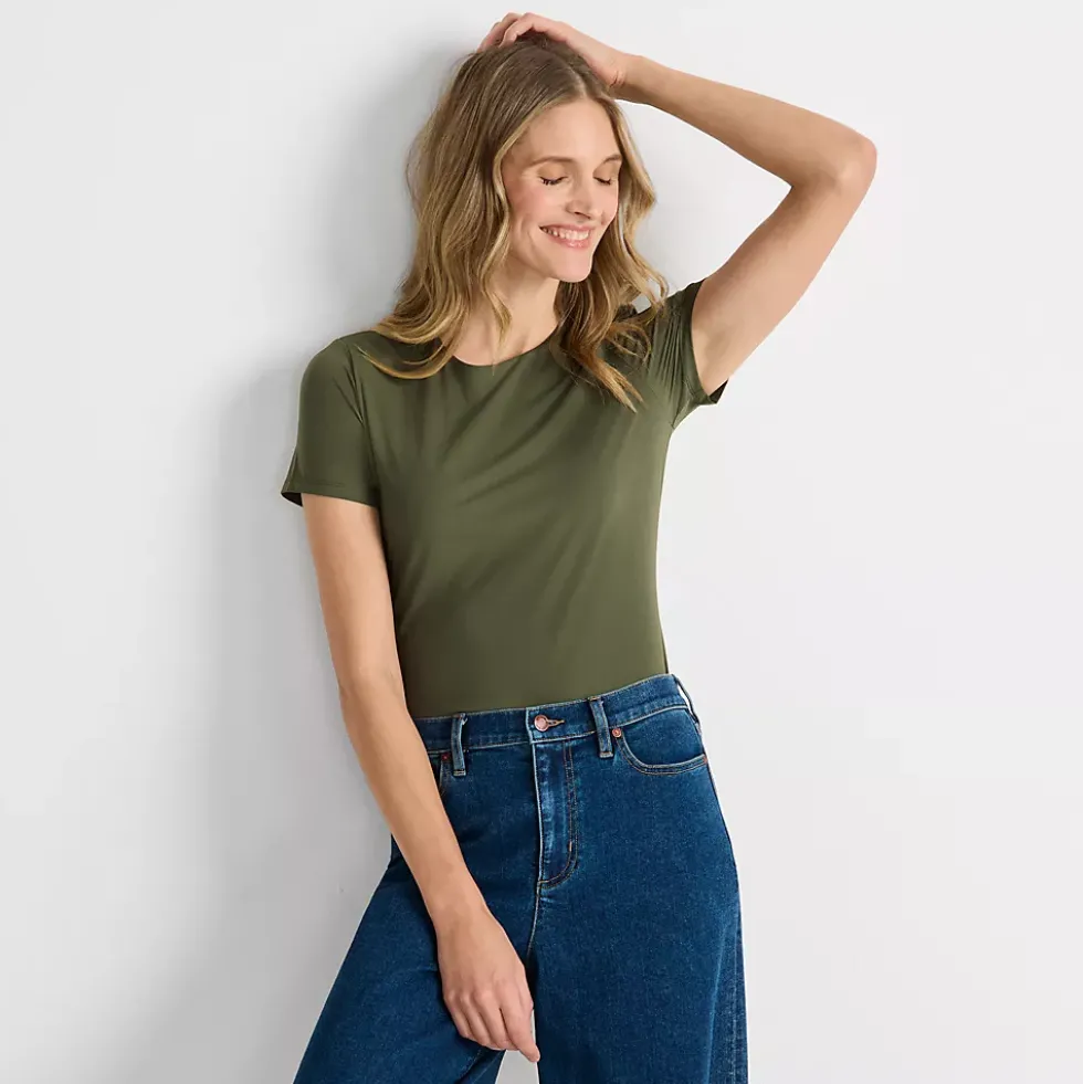 Womens Short Sleeve Tugless Double Layer Crew Neck Knit Top