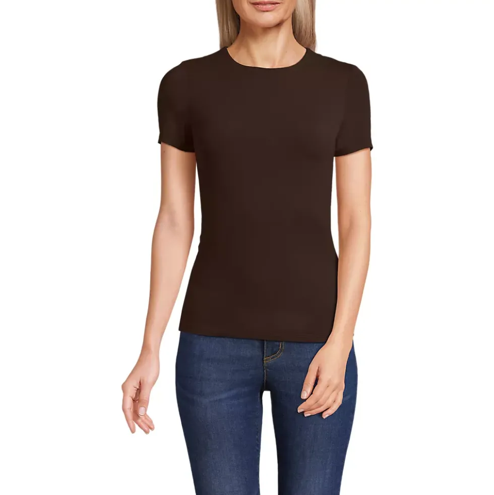 Womens Short Sleeve Tugless Double Layer Crew Neck Knit Top