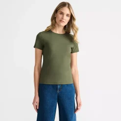 Womens Short Sleeve Tugless Double Layer Crew Neck Knit Top