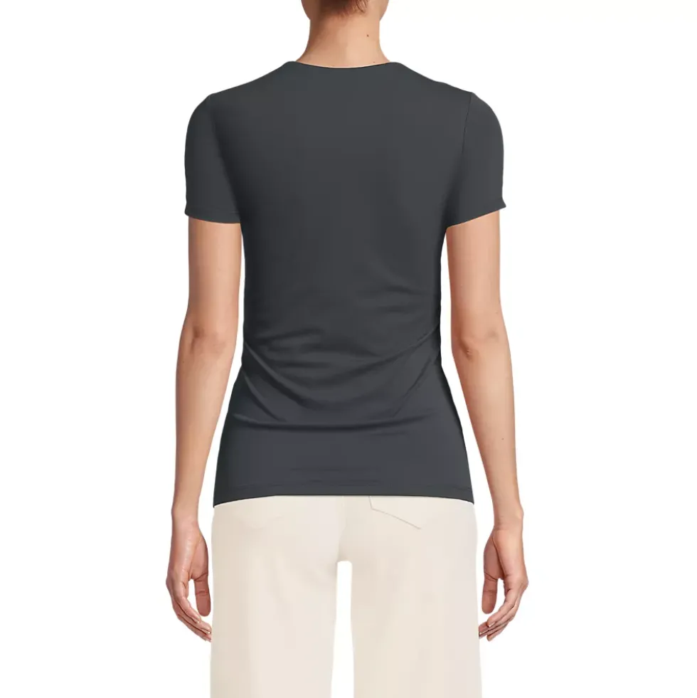 Womens Short Sleeve Tugless Double Layer Crew Neck Knit Top