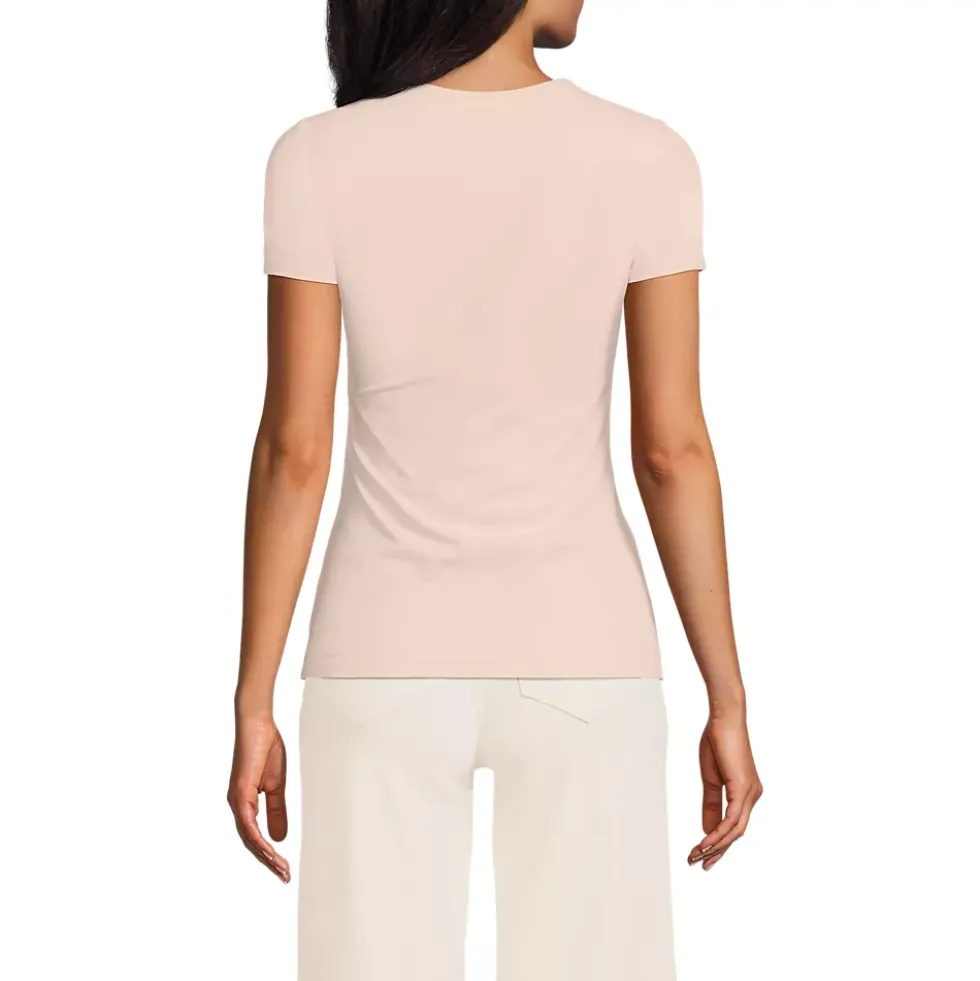 Womens Short Sleeve Tugless Double Layer Crew Neck Knit Top