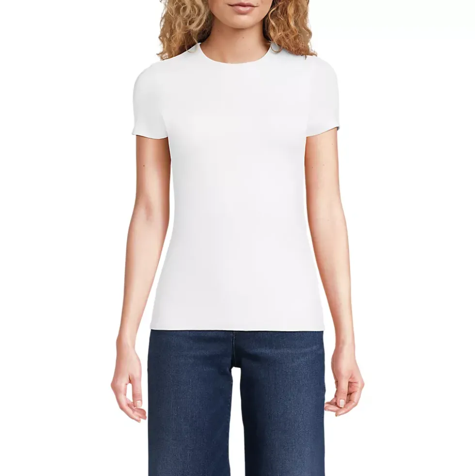 Womens Short Sleeve Tugless Double Layer Crew Neck Knit Top