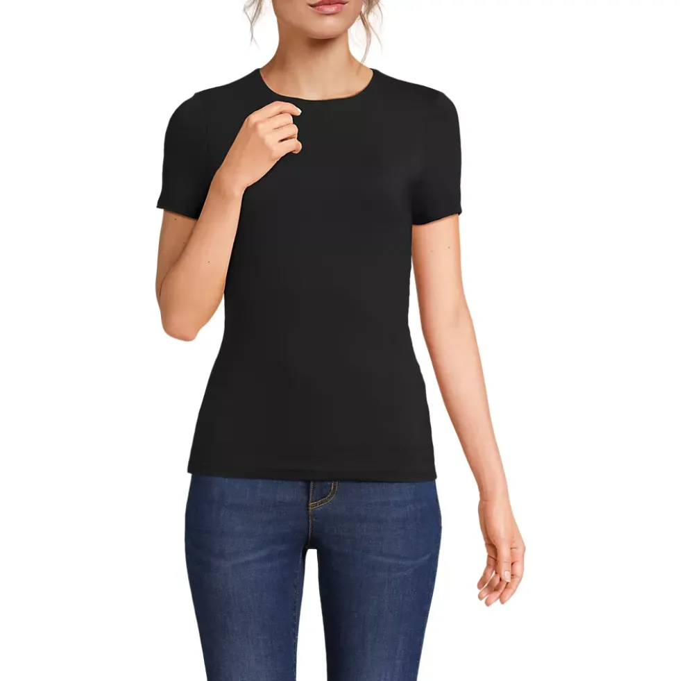 Womens Short Sleeve Tugless Double Layer Crew Neck Knit Top