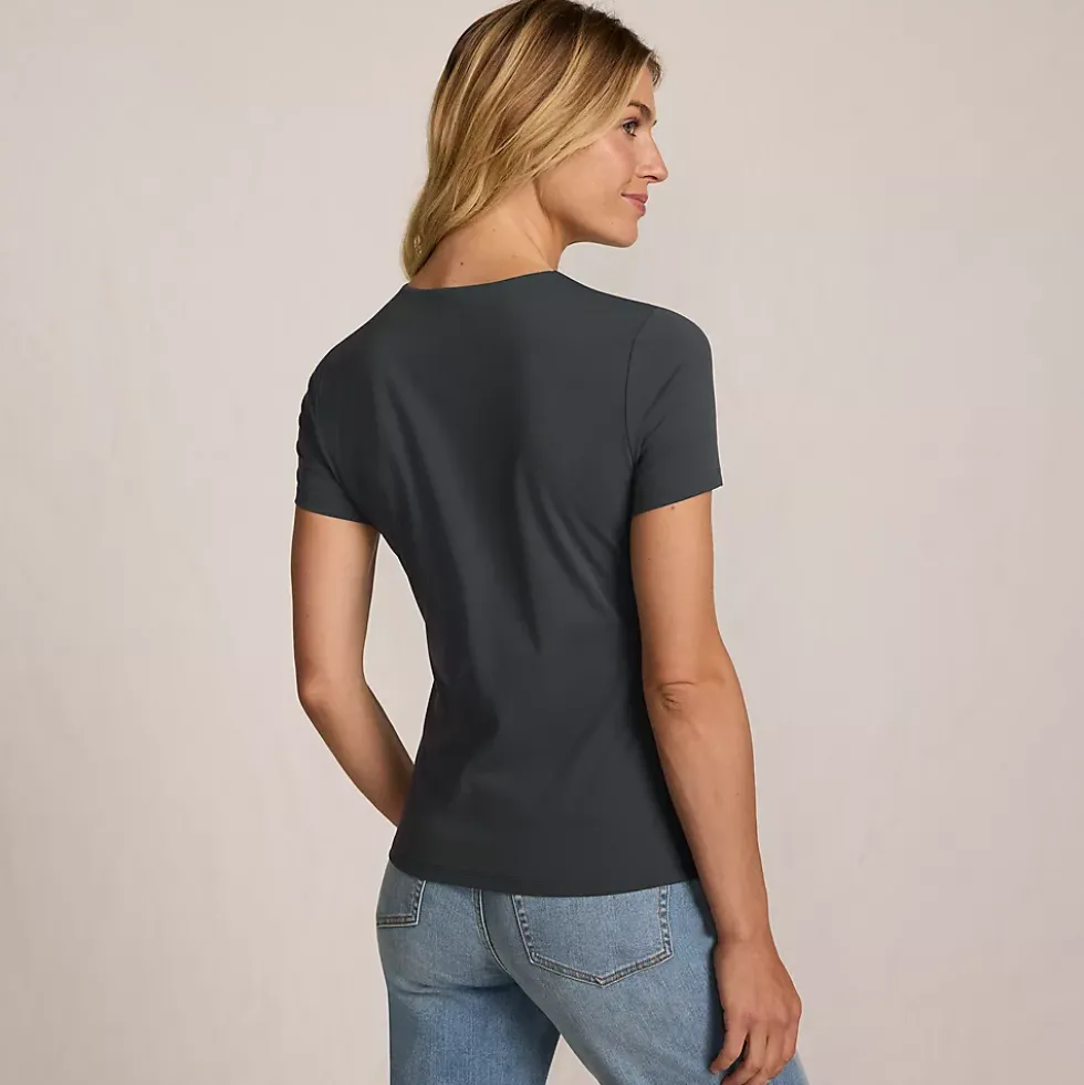 Womens Short Sleeve Tugless Double Layer Crew Neck Knit Top