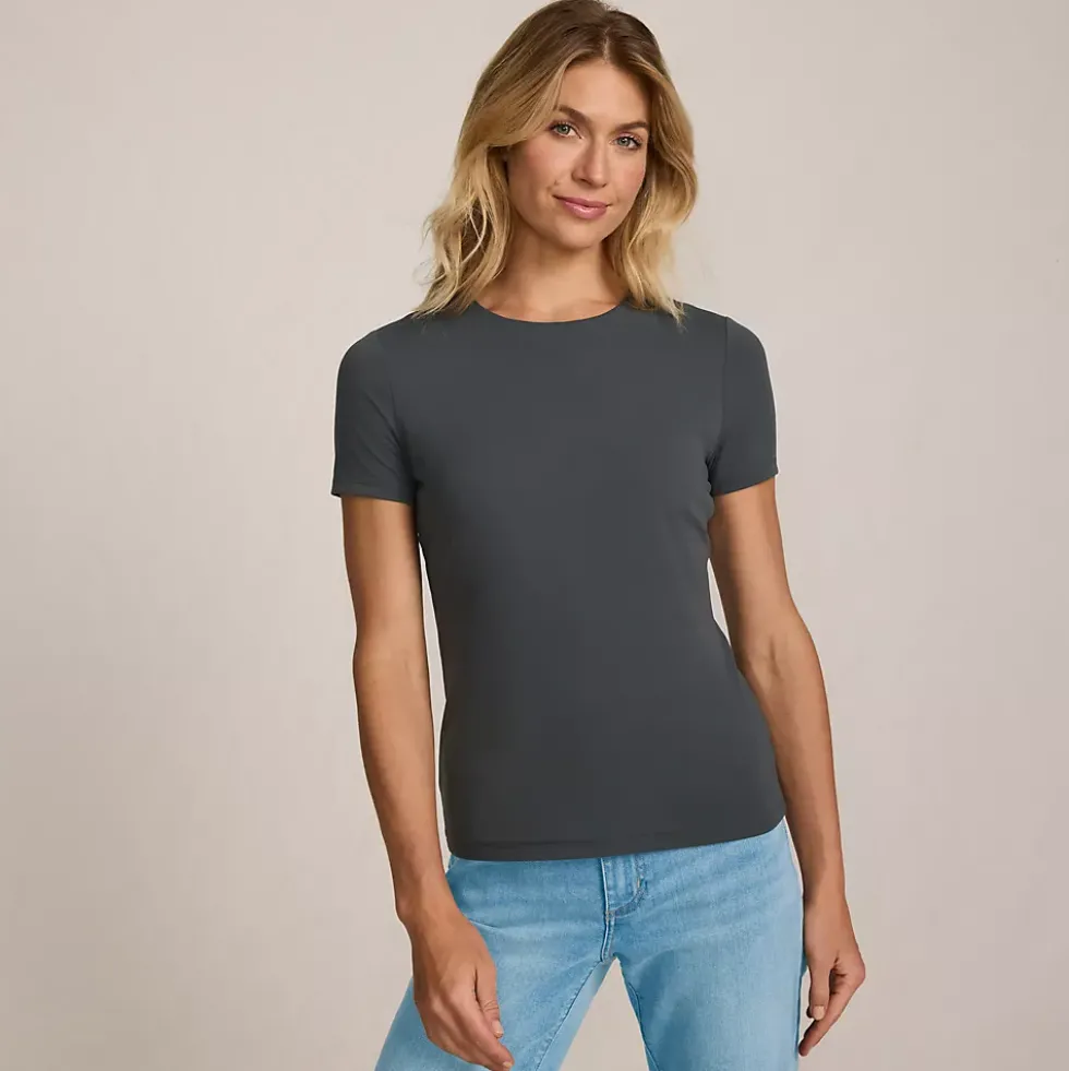 Womens Short Sleeve Tugless Double Layer Crew Neck Knit Top