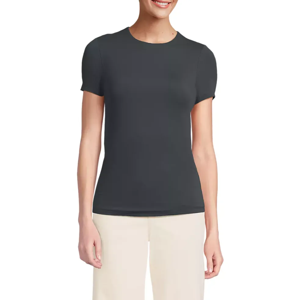 Womens Short Sleeve Tugless Double Layer Crew Neck Knit Top