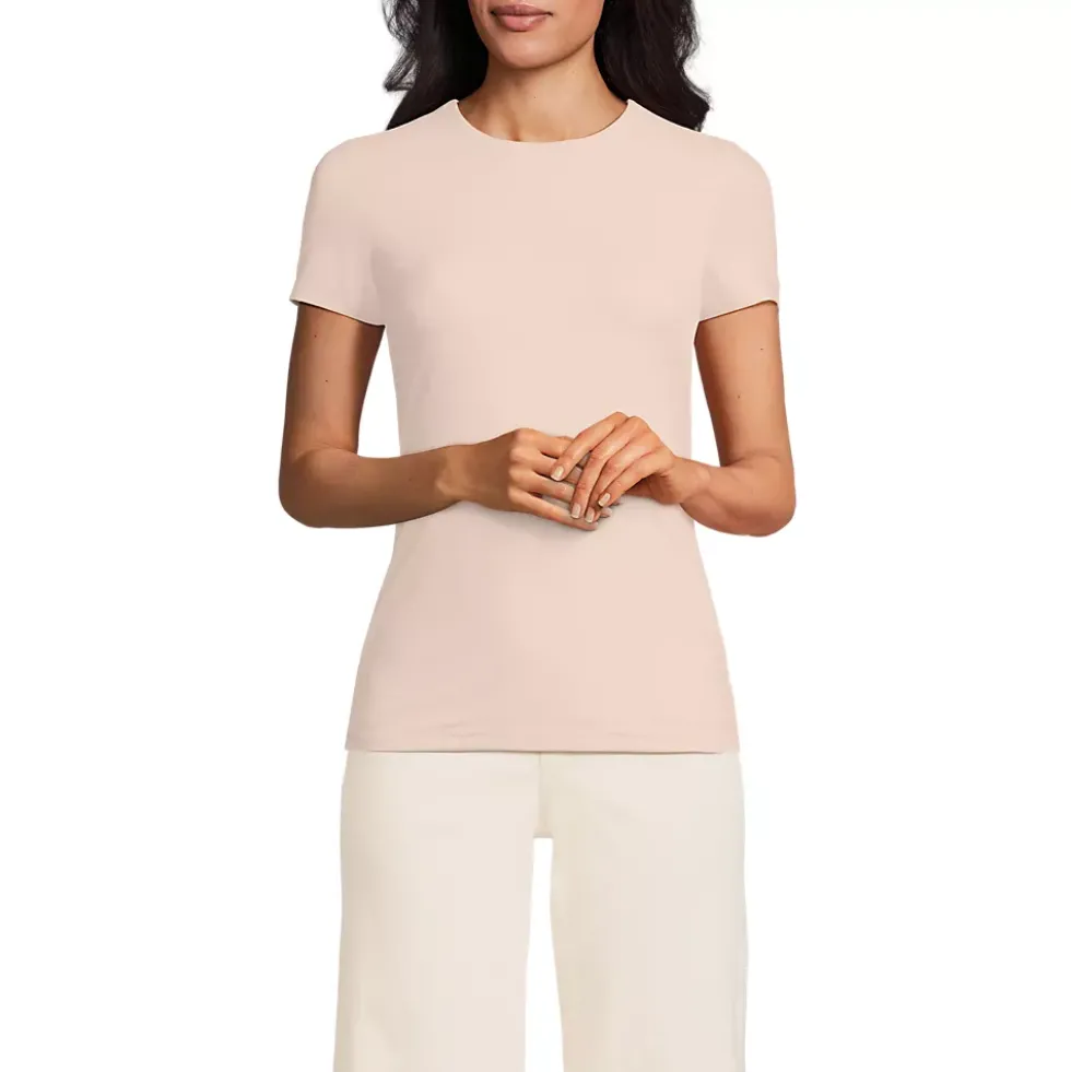 Womens Short Sleeve Tugless Double Layer Crew Neck Knit Top