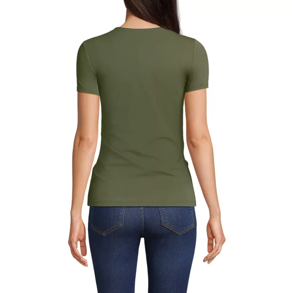Womens Short Sleeve Tugless Double Layer Crew Neck Knit Top
