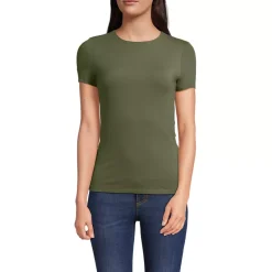 Womens Short Sleeve Tugless Double Layer Crew Neck Knit Top