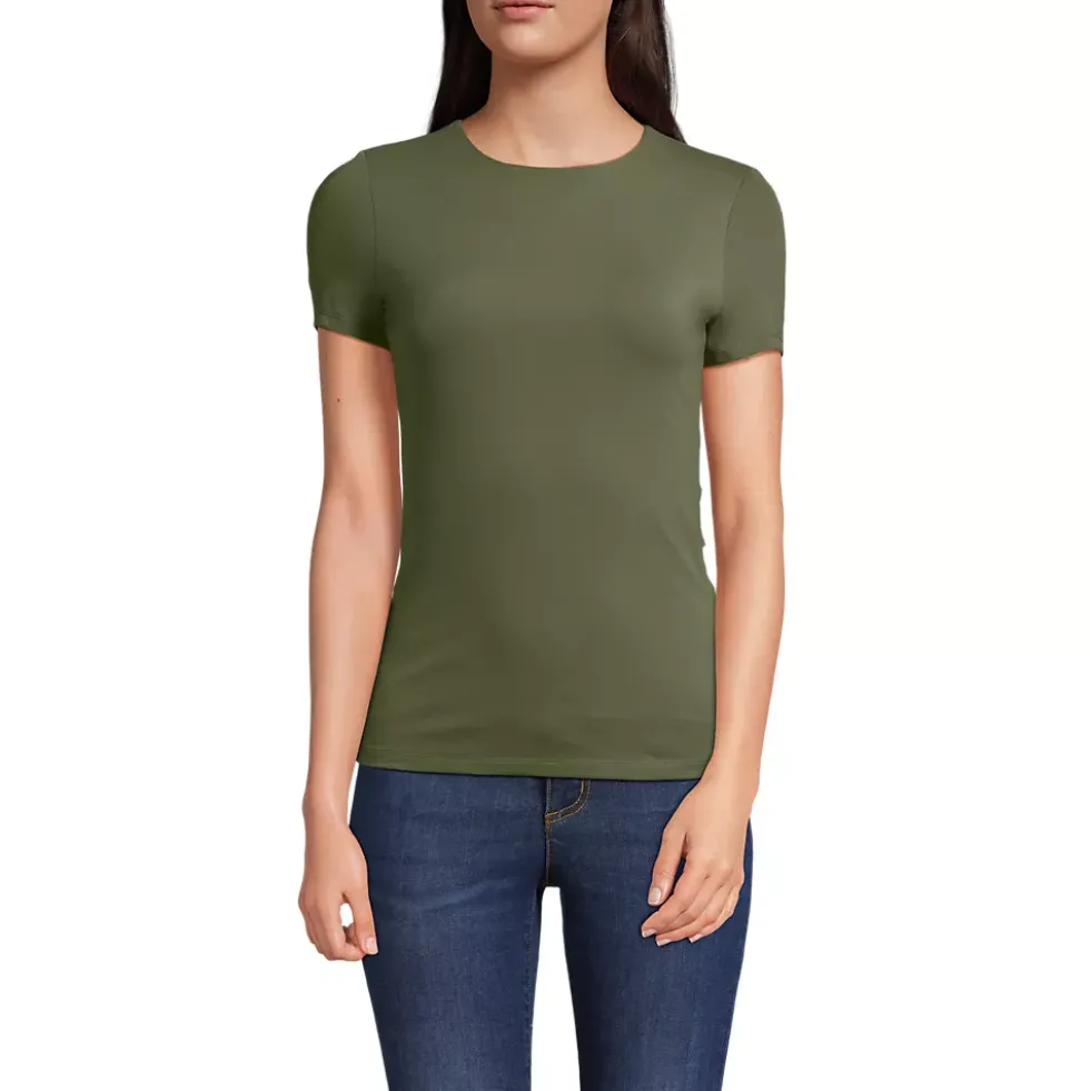Womens Short Sleeve Tugless Double Layer Crew Neck Knit Top