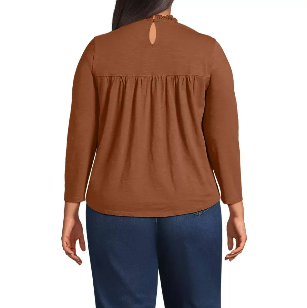 Women's 3/4 Sleeve Cotton Slub Lace Trim Top