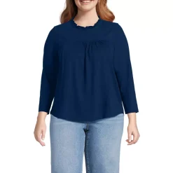 Women's 3/4 Sleeve Cotton Slub Lace Trim Top