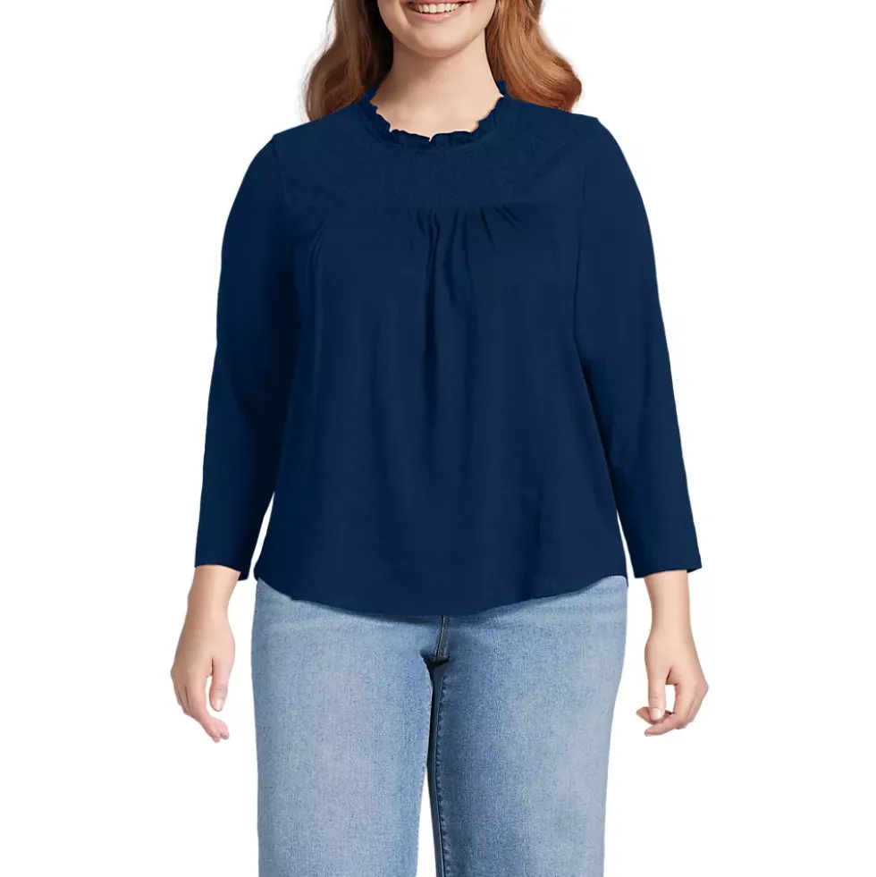 Women's 3/4 Sleeve Cotton Slub Lace Trim Top