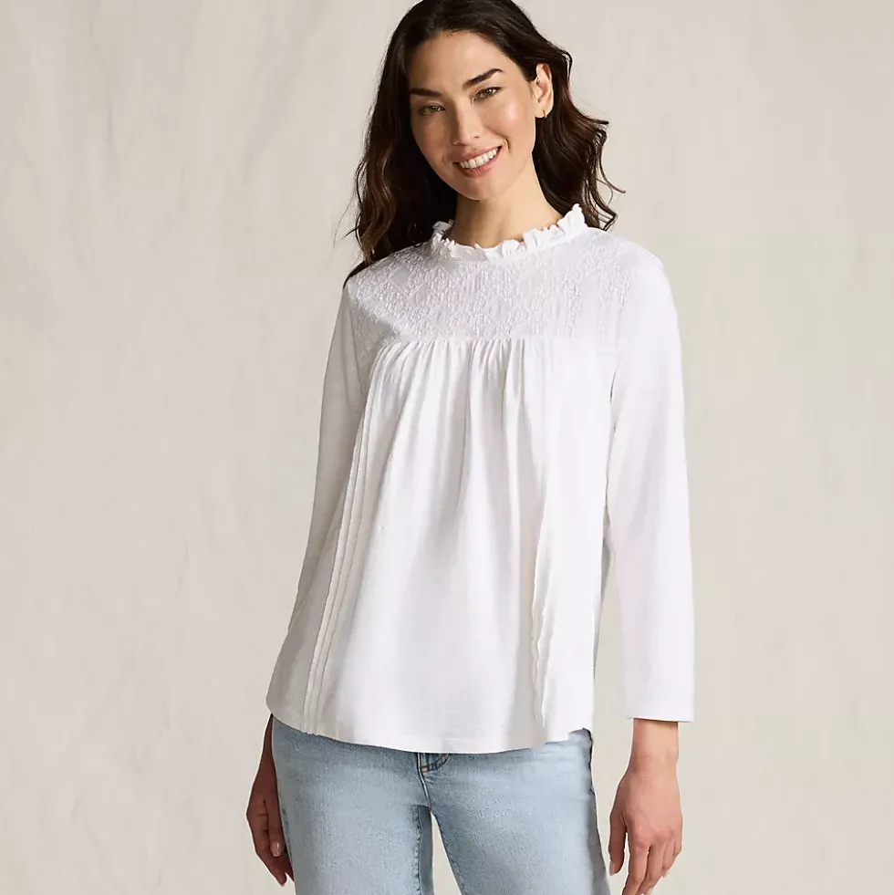 Women's 3/4 Sleeve Cotton Slub Lace Trim Top
