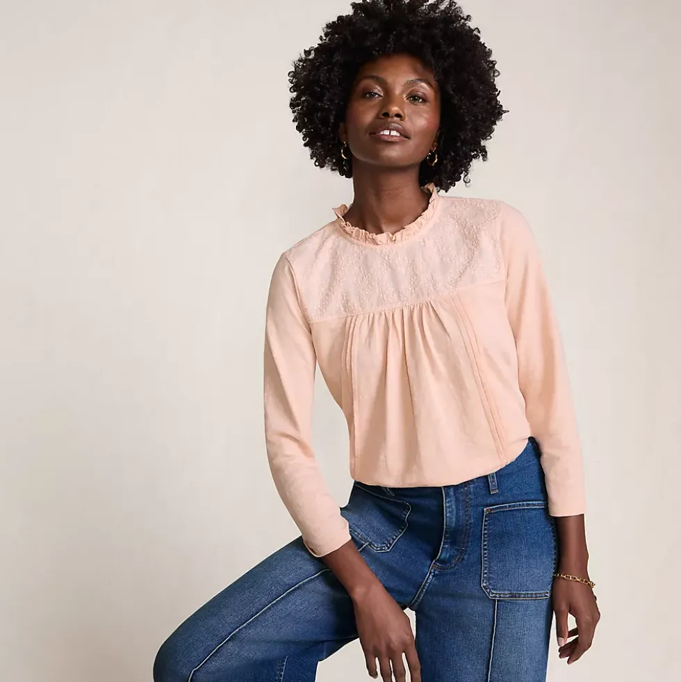 Women's 3/4 Sleeve Cotton Slub Lace Trim Top