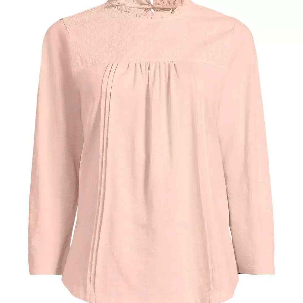 Women's 3/4 Sleeve Cotton Slub Lace Trim Top