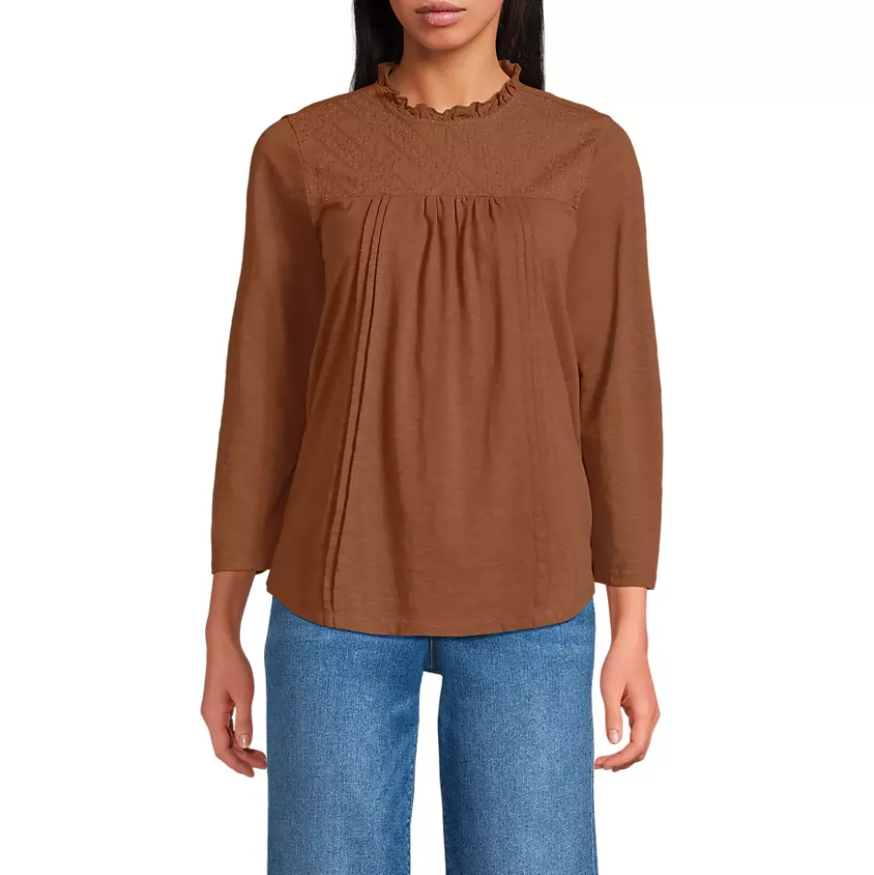 Women's 3/4 Sleeve Cotton Slub Lace Trim Top