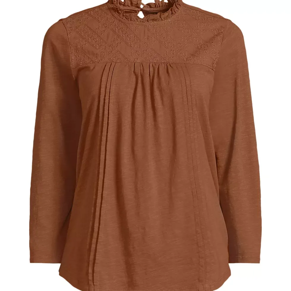 Women's 3/4 Sleeve Cotton Slub Lace Trim Top