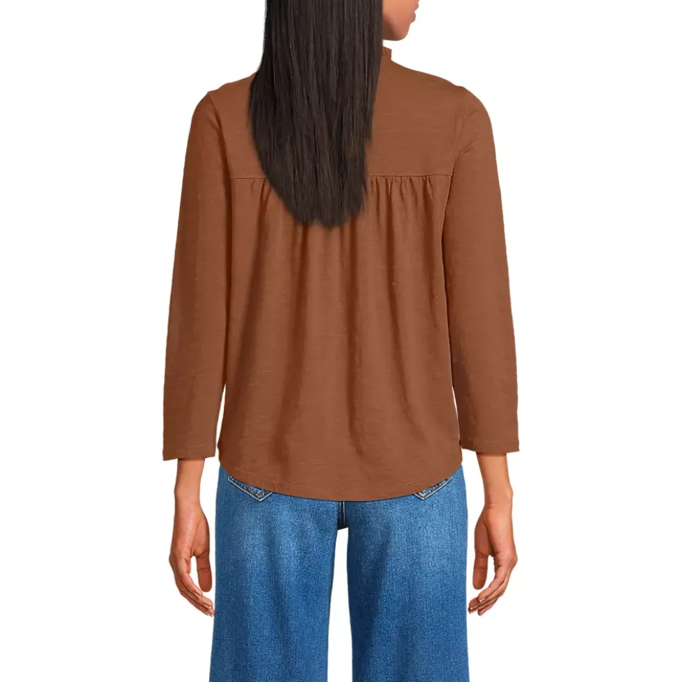 Women's 3/4 Sleeve Cotton Slub Lace Trim Top