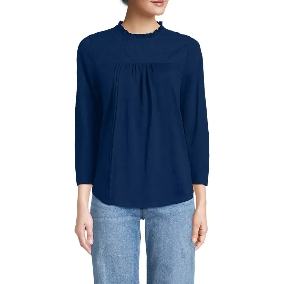 Women's 3/4 Sleeve Cotton Slub Lace Trim Top