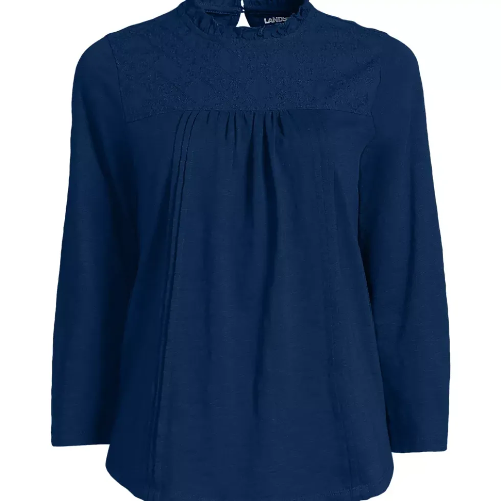 Women's 3/4 Sleeve Cotton Slub Lace Trim Top